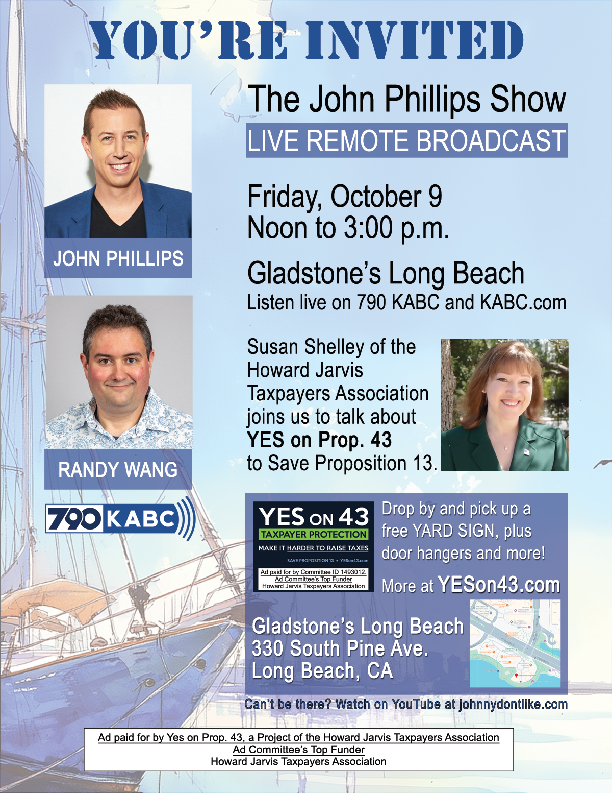 Yes on Prop 43 Live Remote Broadcast on Friday, October 9, 2026.