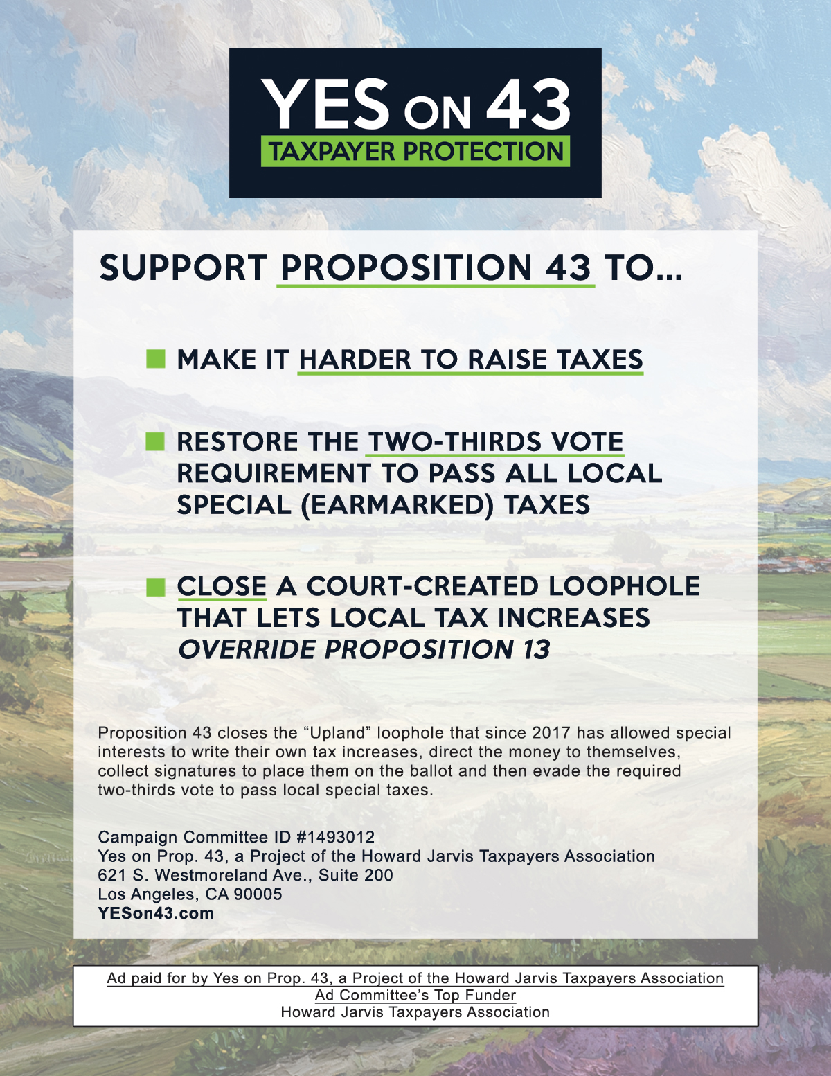 RESTORE THE TWO-THIRDS VOTE
REQUIREMENT TO PASS ALL LOCAL SPECIAL (EARMARKED) TAXES