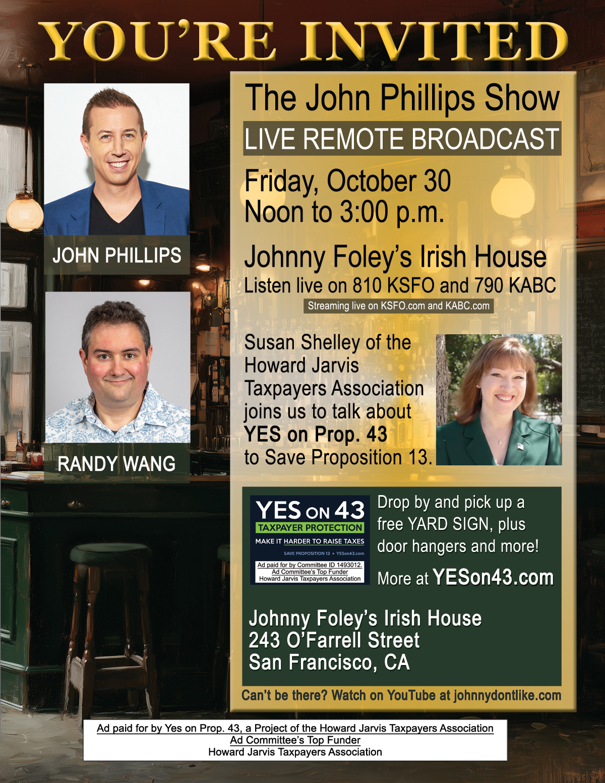 Yes on Prop 43 Live Remote Broadcast on Friday, October 30, 2026.